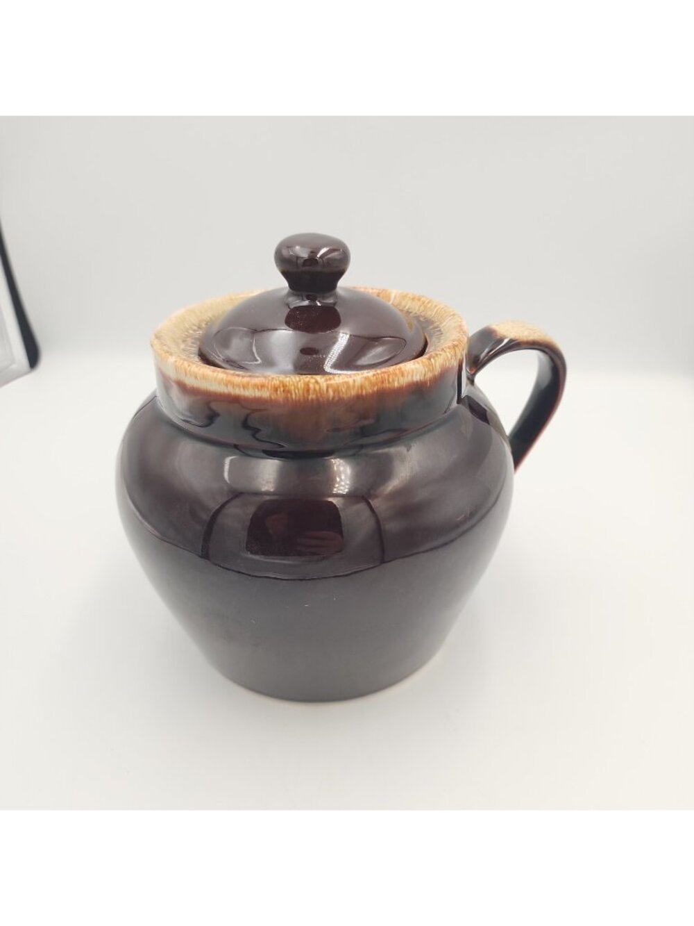 Vintage Handmade Brown Drip Glaze Bean Pot with Lid and Handle USA Crock Bowl